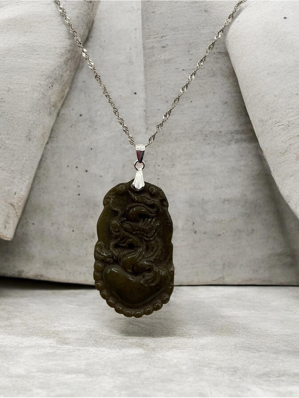 Olive Green Carved Jade Dragon Pendant Necklace